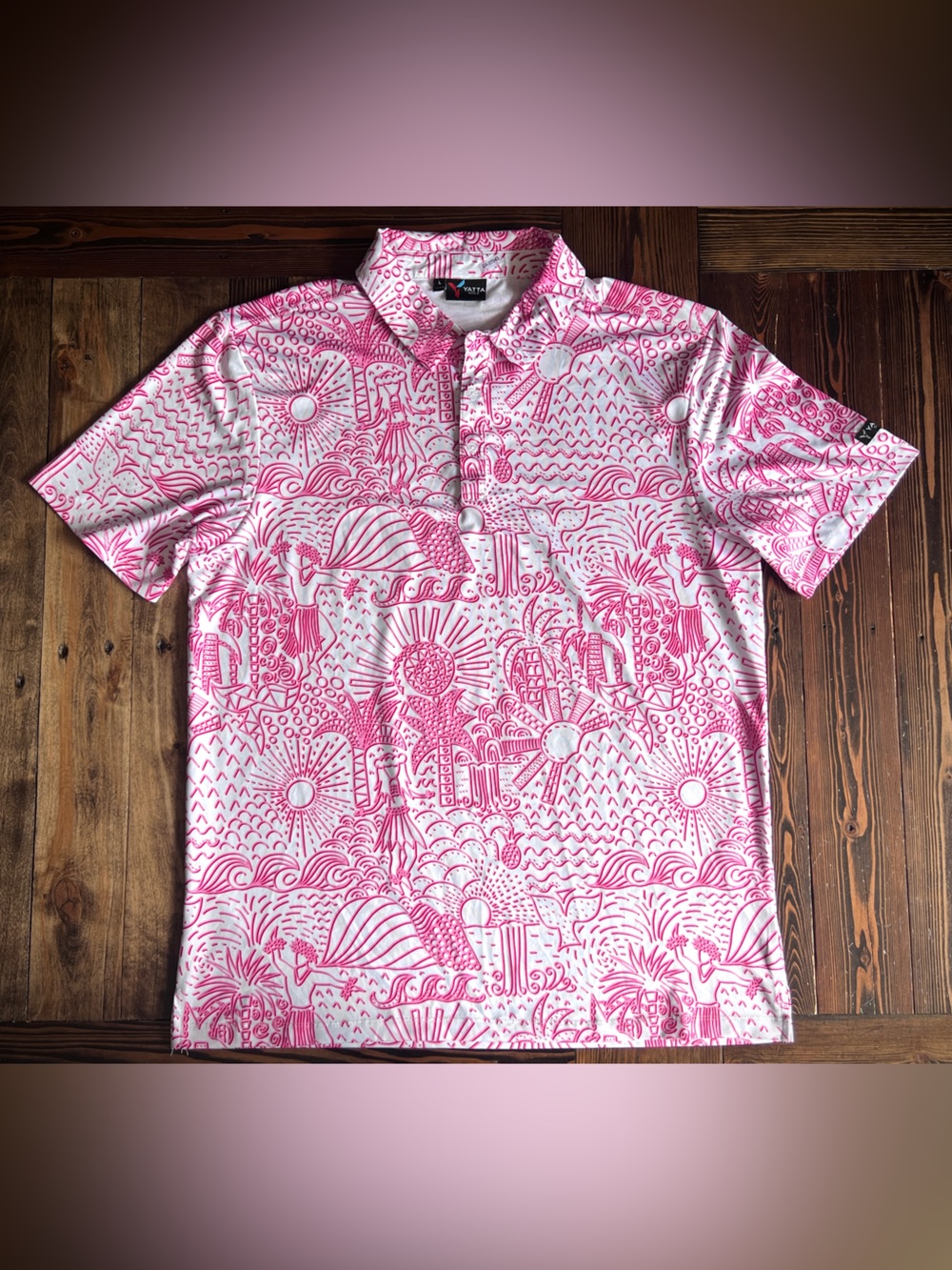 YATTA GOLF • Shaka Life Golf Polo Hawaiian pink athletic performance stretchy